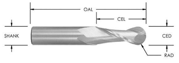 Southeast Tool 1/8" x 1/2" Two Flute Upcut Ball Nose
